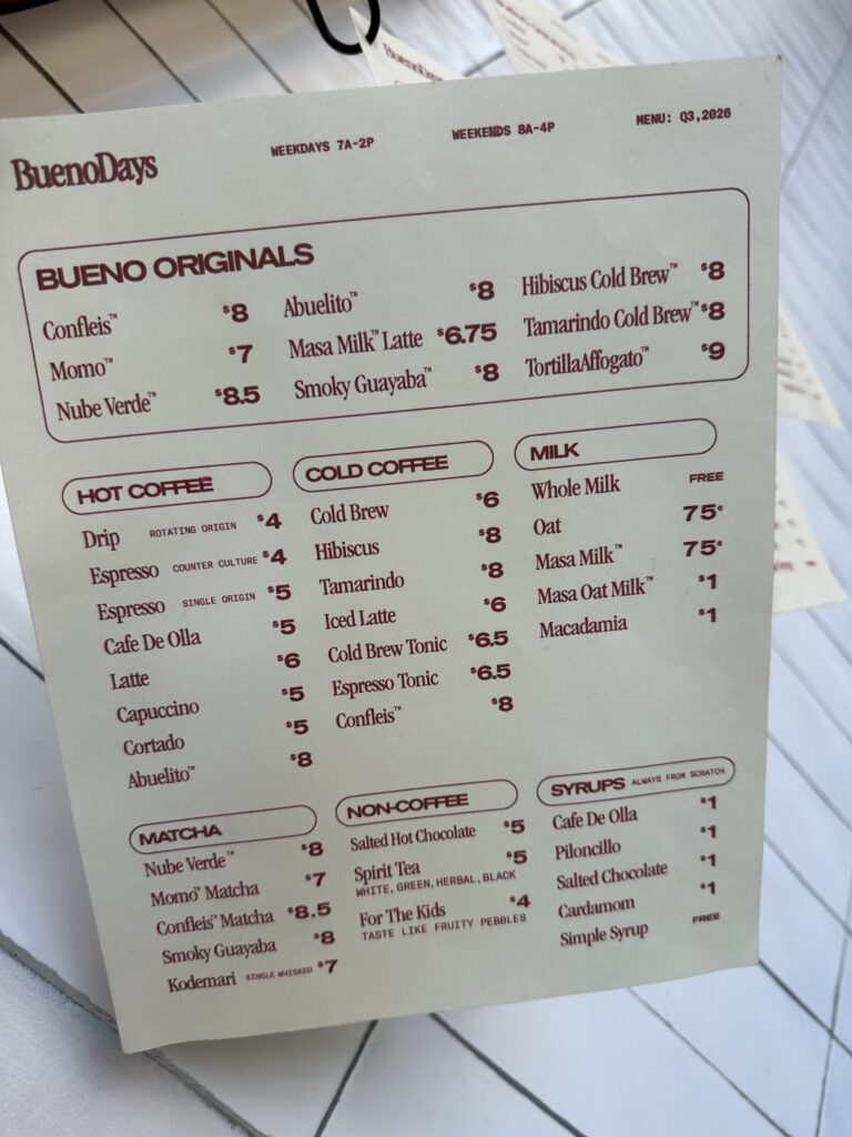 BuenoDays printed menu, dated Q3 2026