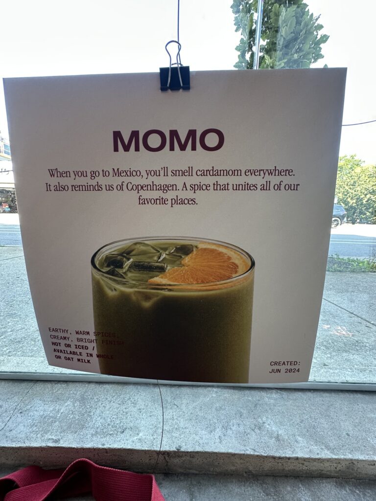 Momo drink card — cardamom matcha, created June 2024