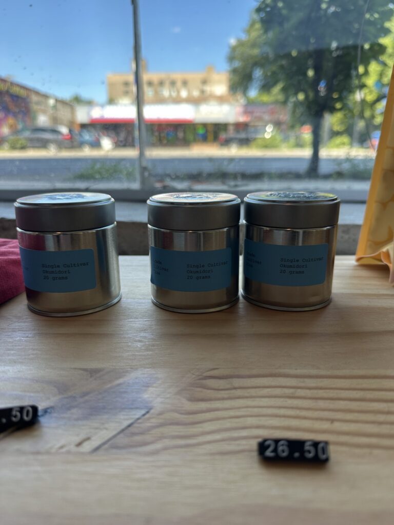 Rocky's Matcha single-cultivar Okumidori tins on the BuenoDays retail counter